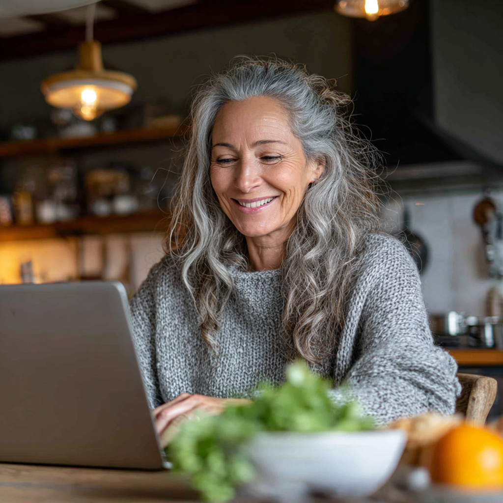 Жінка віком 52 роки переглядає персональний план харчування на комп'ютері, радісно посміхається