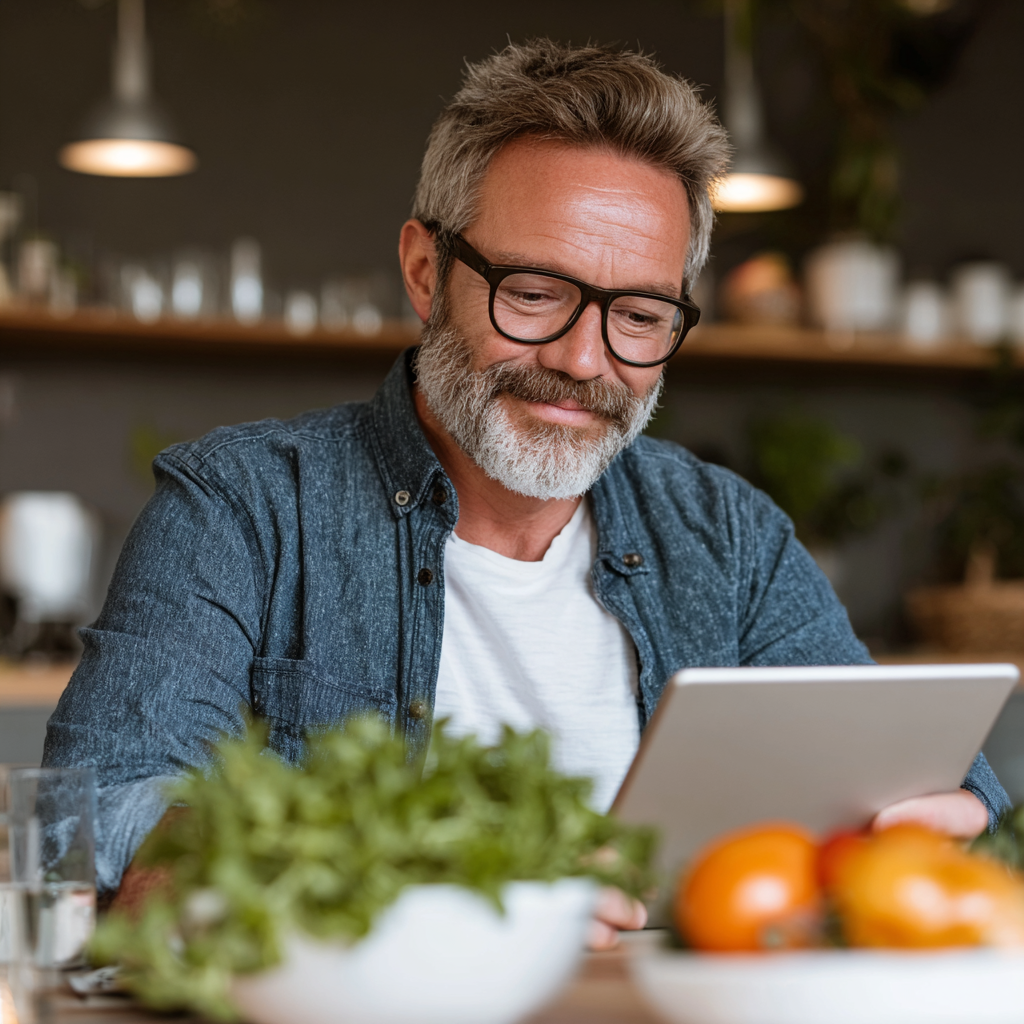 Чоловік середнього віку 55 років обирає цілі харчування на планшеті, усміхається